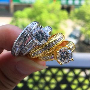 Neuankömmling, meistverkaufter Luxusschmuck, 925er Sterlingsilber, Goldfüllung, runder Schnitt, weißer Topas, CZ-Diamant, Paarringe für Frauen, Hochzeit, Brautring