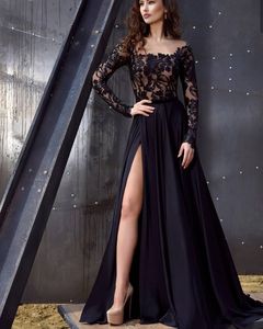 Schwarze Abendkleider mit langen Ärmeln und Spitze, quadratischer Ausschnitt, Perlen, seitlich geteilte Ballkleider, A-Linie, bodenlanges formelles Chiffon-Kleid