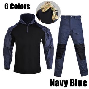 Wholesale navy tactical shirt for sale - Group buy Running Jerseys Navy Blue Uniform Camouflage Long Sleeve Hooded Tactical Shirt Pants Outdoor Army Fan Training Combat Clothes Plus Size