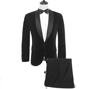 Classic One Button Wine/Blue/Black Velvet Groom Tuxedos Shawl Lapel Men Suits 2 pieces Wedding/Prom/Dinner Blazer (Jacket+Pants+Tie) W780