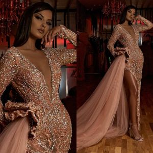 サウジアラビアマーメイドイブニングドレス長袖イリュージョンビーズハイスリットPromガウンは、Sexy Robes deSoireée