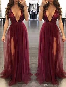 Ny designer Sexig Burgundy Sequined Prom Dress Deep V Neck Särskilda tillfällen Klänningar Tulle Tiered Ruffles Cocktail för Vestido de Novia