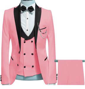 2020 Mens Ternos Slim Fit 3 Peças Negócios Jaqueta Rosa Rosa TuxeDos Melhor Homem Blazer Ternos para Noite do Noivo de Casamento Noite (Blazer + Colete + Calças)