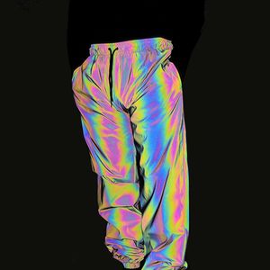 Dropshipping Novos jogadores homens calças refletivas coloridas calças de quadril calças de rua de rua de rua cor de cor de cor de soldado de cor do arco -íris mulheres