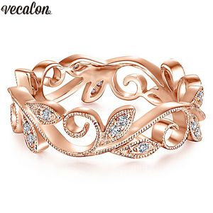 Vecalon Anel de Flores Rose Gold Cheio 925 Prata 5A Zircão CZ Noivado Anéis de Banda de Casamento para Mulheres Nupcial Dedo Jóias