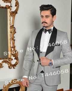 Wysokiej jakości Jeden przycisk Lekki Szary ślub Groom Smoking Szal Kapel Groomsmen Mężczyźni Garnitury Prom Blazer (Kurtka + Spodnie + Kamizelka + Krawat) W78