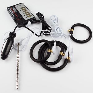 Uretral Penis Plug Electro Shock Sounding Stretcher Dilator Rostfritt Stål med Anal Plug E-Stim Cock Ring Electric Sex Toys C19012201