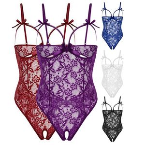 Wome Sexy Midnight Open-cut Floral Lace and Mesh Teddy Bodysuits with Back Cut-out Sleepwear Lingerie Teddies S-XXL Multicolors