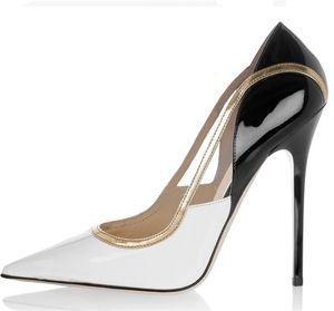 Heißer Verkauf-Frauen Weiß Schwarz Leder Goldbesatz High Heels Spitzschuh Slip On Klassische Mischfarben Pumps Patchwork Mode Schuhe Frauen