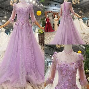 Zuhair Murad 2020 Abiye Yüksek Yaka Dantel Aplikler Boncuk Abiye Uzun Kollu Dantel-up Geri Örgün Parti Gowns