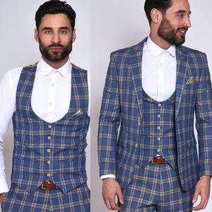 Classic Check Bröllopsdukar 2020 Nya Mode Mens Notched Lapel Groom Tuxedos Prom Party Blazer Jacket 3 stycken