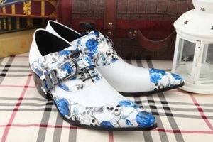 Leather Men Shoes White Cowhide Men Dress Shoes Pointed Toe Skull Formal Shoe Printing dress Oxford Shoe For Men