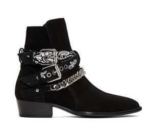 Człowiek Nowy Marka Ami Ri Black Suede Bandana Buckle Buty Regulowane Curb Chain Hardware Pasek Buckle Western Botot Buty