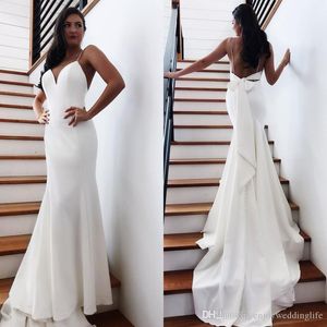 Cheap Sexy Simple Satin Mermaid Wedding Dresses V Neck Spaghetti Trap Backless Plus Size Sweep Train Wedding Dress Bridal Gown With Bow