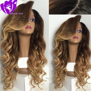 13x4 1b 613 blond ombre färg brasiliansk vågig peruk med bangs pre plocked glueless syntetiska hd spets frontal peruker för svarta kvinnor