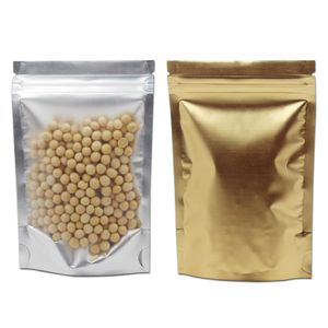 Yukarı Fermuar Kilit Mylar Folyo Paketi Bags Standı 6 Boyutları Ön Şeffaf Plastik Geri Altın Alüminyum Folyo Ambalaj Poşet Gıda Saklama Pouches 6 Boyutları
