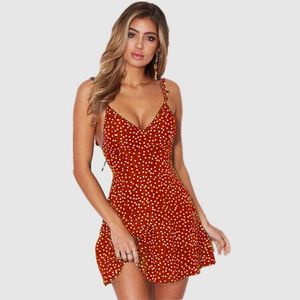 Women Sexy Polka-dot Mini Dress Lace-up Sleeveless Short Skirt Fashion Above Knee Sundress for Summer