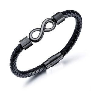 New trendy fashion designer simple titanium stainless steel Number 8 braided leather bracelet jewelry for men black white
