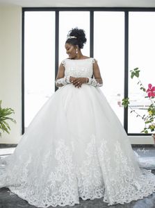 Vestidos de tamanho, além de pérolas de renda de manga comprida tule uma linha rúscula de noiva de marie de marie vestidos de noiva africanos frican