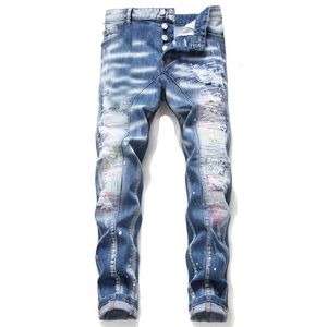 Unique Mens Distressed Ripped Blue Skinny Jeans Fashion Designer Slim Fit Washed Motocycle Denim Pants Panelled Hip Hop Biker Trousers 1047