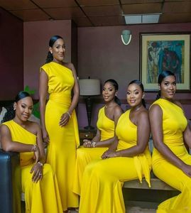 2020 NEW Yellow Stretch Satin Mermaid Bridesmaid Dresses African Prom Dresses One Shoulder Wedding Guest Dress Black Girl Evening Gowns