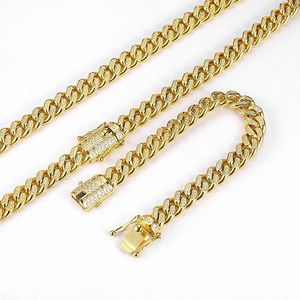 Gold Filled Studded Diamond Men Women Cuban Chain Necklace Bracelets Stainless Steel Hip Hop Iced Out Bling Jewelry Double Safety Clasps