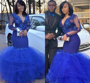 Black Girls Sexy Royal Blue Prom Dresses Sheer Sleeve Appliques Beads Mermaid V Neck Ruched Tulle Skirt Long Evening Gowns Bc1772