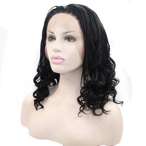 Black Box geflochtene Perücken für Frauen, hitzebeständige Faser, synthetische Spitze-Front-Perücke, #1b, natürliche kurze Zöpfe, halb handgebundenes Haar