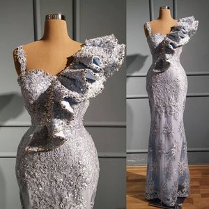 Aso Ebi Arabic Luxurious Sexy Mermaid Evening Dresses Beaded Crystals Lace silver ruffles prom pageant reception gown