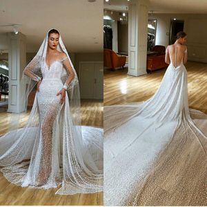 Glitter Suknie ślubne Syrenki z odpinanym pociągu Sweetheart z długim rękawem Suknie ślubne Tulle Koralik Train Vestidos de Novia