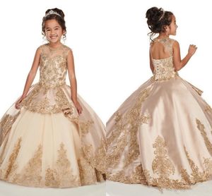 2022 Cute Puffy Flower Girl Dresses For Weddings Champagne Jewel Neck Gold Lace Appliques Crystal Beaded Girls Pageant Dress Kids Communion Gowns