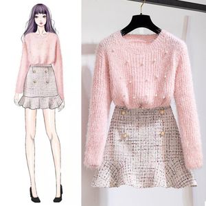New Autumn Winter Two Piece Set Tracksuit Women Elegant Beading Knitted Sweater+High Waist Tweed Mermaid Skirt Ladies Outfits Y200701