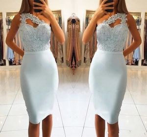 Wholesale sky blue homecoming dresses for sale - Group buy 2019 New Short Mini Homecoming Dresses Light Sky Blue One Shoulder Lace Appliques Beaded Knee Length Sheath Party Dresses Cocktail Gowns