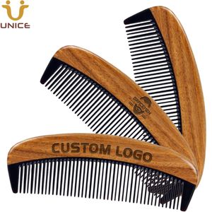 MOQ 50 PCS Customized LOGO Beard Comb Anti-Static Hair Combs Handmade Premium Natural Green SandalWood and Horn for Men