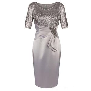 Half Sleeves V Neck Sequins Knee Length Mother of the Bride Dresses For Wedding Guest Evening Gowns groom Party Dresses