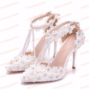 2019 New Style Women White Rhinestone Lace Lace Bead Bridal High Heel Shoes Women Gress Shoes Party Wedding Shoes