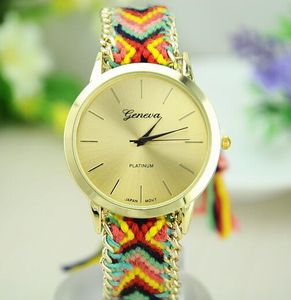 Genfer Damenuhren, handgefertigt, geflochtenes Freundschaftsarmband, Armbanduhr, buntes Band, handgewebte Nationaluhr, Damen-Quarzarmbänder, Uhr