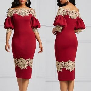 Cheap Red Sheath Lace Short Prom Dresses Off The Shoulder Appliqued Formal Dress Knee Length Satin Half Sleeves Plus Size Evening Gowns