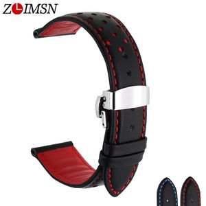 Zlimsn Soft Oryginalna Skórzana Watch Band Strap Wymiana Czarny Niebieski 20 22mm Mężczyźni Watchbands 316L Butterfly Butterfly Y19052301