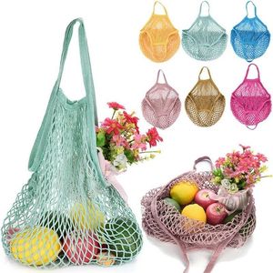 Rosa reutilizável Grocery produzir sacos de algodão de malha Ecologia Mercado de Cordas Net Compras Sacola de cozinha Frutas Legumes Hanging Bag