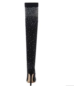 Designer-Pean Rhinestone High-Heeled Women's Boots Stretch Cloth Seksowne buty na kolanie