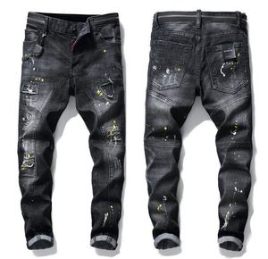 Jeans neri attillati con pannelli a nastro da uomo unici Pantaloni in denim da moto lavato slim fit con toppe Pantaloni Hip HOP