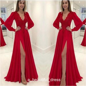 Red Prom Dress Plus Size mangas compridas apliques de contas Sexy Open Back Formal Mulheres Evening vestidos de festa longo Gala vestidos ED1217