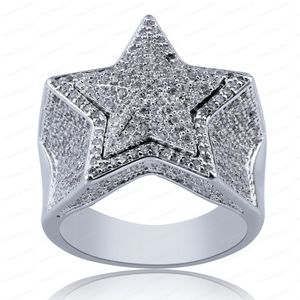 New Designer Luxury K Gold White CZ Zirconia Pentagram Ring Full Diamond Iced Out Hip Hop Jewelry Gifts for Men Women Rings