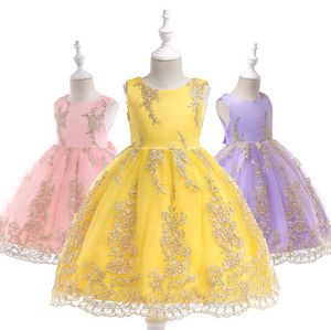 Summer Children spets tyll pageant klänning blommor flickor guld gasbind blommig broderi formell klänning 2019 sommar New Kids Princess Dress Y1106