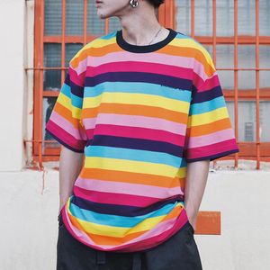 Fashion-Color Striped Tee Crew Neck Koszulka Dwumiona koszula Paski Mężczyźni Kobiety Para Ulica Dorywczo Lato Moda Top Dwa Kolory HFHLTX031