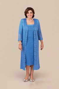 Elegant Plus Size Blue Lace Mother Of The Bride Dresses With Long Jacket 2 Pieces Women Tea Length Long Sleeve Wedding Guest Dress