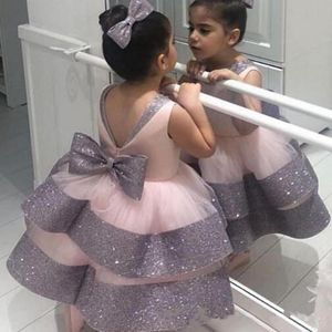 Bling Bling Sequins Flower Girl Dresses For Wedding Tiered Puffy Skirt Backless Bow Sash Tulle Birthday Dress