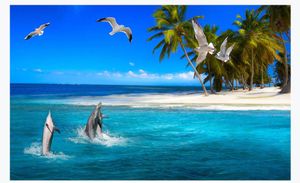 3D customized large photo mural wallpaper Creative dolphin playing water coconut seagull sea 3d living room TV background wall