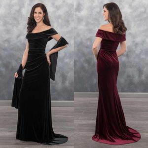 Black Velvet Mother Of The Bride Dresses Off The Shoulder Mermaid Evening Dresses Sleeveless Cascading Ruffles Formal Party Dresses